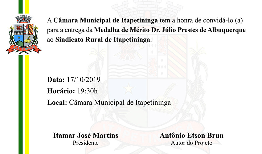 Dia 17 de outubro sessão solene de entrega da Medalha de Mérito Dr. Júlio Prestes de Albuquerque ao Sindicato Rural de Itapetininga